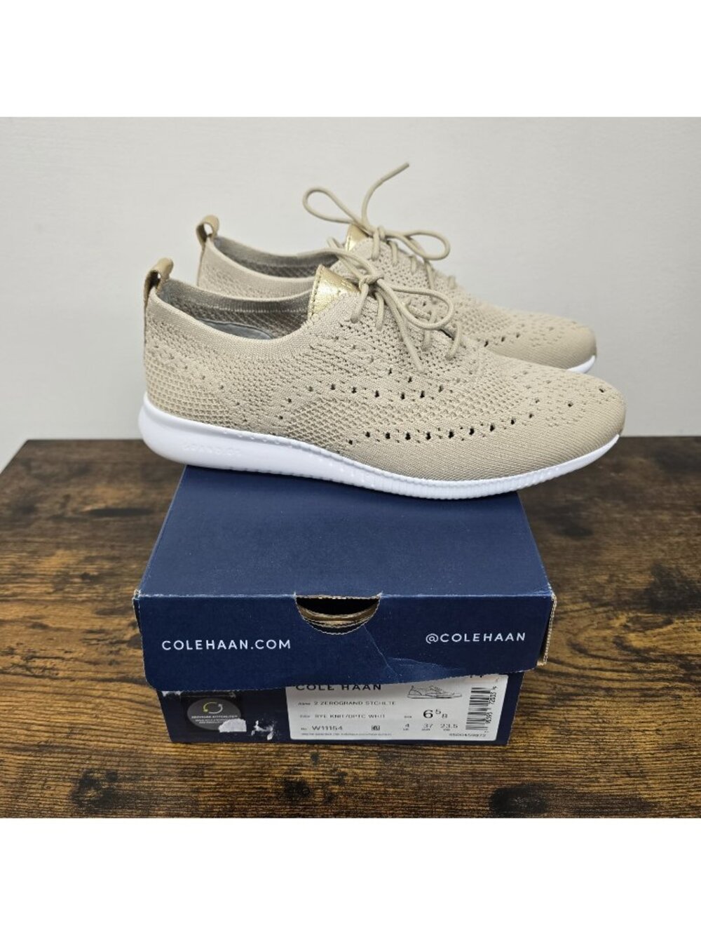 NEW Cole Haan 2 Zerogrand Stitchlite Wingtip Oxford Shoes 6.5 B Rye Knit White